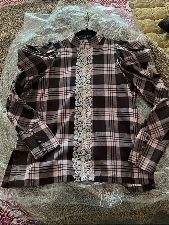 Silvia Tcherassi Tops - Silvia Tcherassi Pink and Burgundy Plaid Lace-Trim Puff Sleeve Blouse